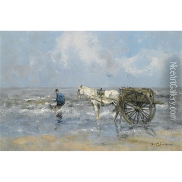 A Shell Fisher In The Breakers Oil Painting - Willem George Frederik Jansen
