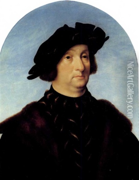 Portrait Of A Gentleman, Bust Length, Wearing A Slashed     Black Doublet, A Black Lined With Brown Fur And A Cap Oil Painting - Joos Van Cleve