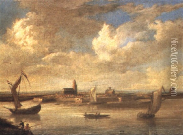 A Fortified Coastal Town With Shipping In An Estuary Oil Painting - Abraham de Verwer
