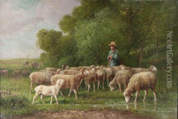 Shepherd And Sheep At Forest's Edge Oil Painting - Charles Emile Jacque