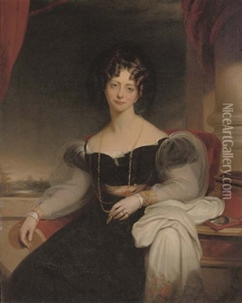 Portrait Of H.r.h The Princess Sophia In A Black Dress With White Gauze Sleeves And A White Shawl, Seated By A Pillar, Windsor Beyond Oil Painting - Sir William Beechey