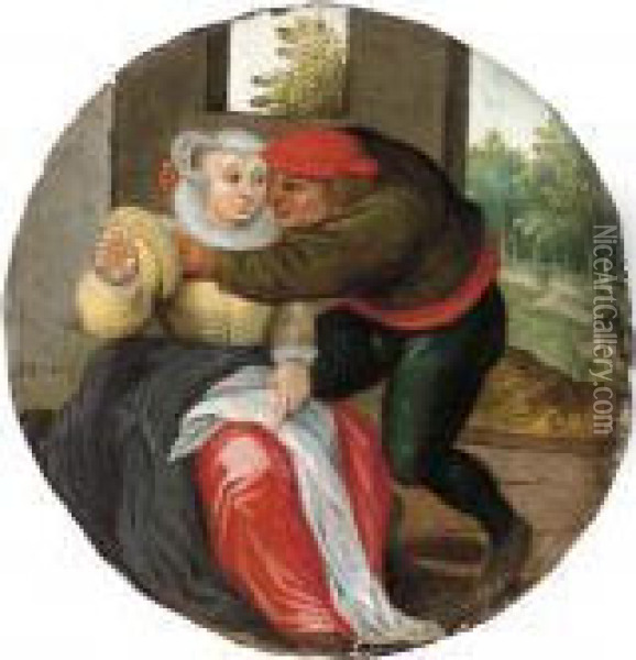 Qui S'y Frotte S'y Pique: Un Couple D'amoureux Dans Un Interieur Oil Painting - Pieter The Elder Brueghel