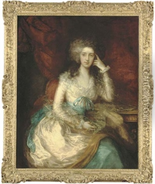 Portrait Of The Hon. Mrs Watson, Later Lady Sondes, Three-quarter-length, Seated In A Pink Dress With Blue Sash, A Draped Curtain Beyond Oil Painting - Thomas Gainsborough