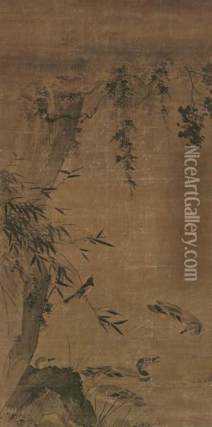 Birds In A Bamboo Grove Oil Painting - Lu Ji