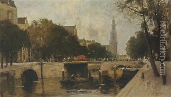 A View Of The Prinsengracht With The Westerkerk, Amsterdam Oil Painting - Willem George Frederik Jansen