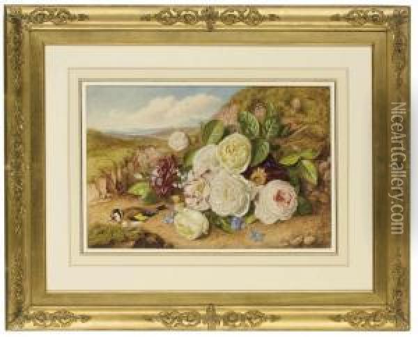 A Still Life Of Roses And A Chaffinch In A Landscape Oil Painting - Augusta Innes Withers