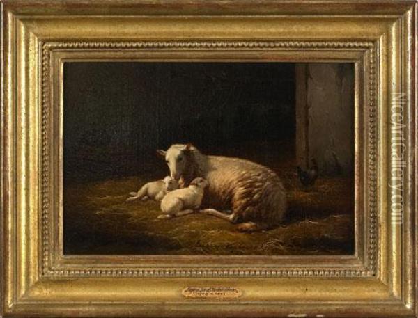 Scene With Sheep And 2 Ewes Oil Painting - Eugene Joseph Verboeckhoven