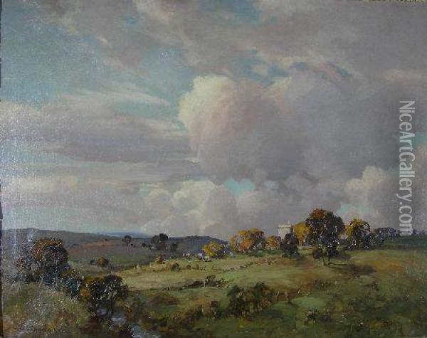 Landscape With A Castle And Cattle Grazing Oil Painting - Thomas, Tom Campbell