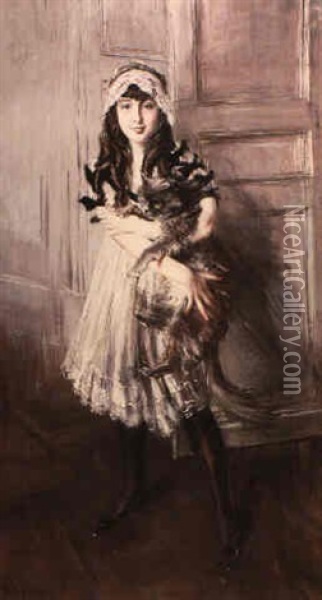 Portrait Of Bianca Errazuriz De Alvear With Her Cat Oil Painting - Giovanni Boldini
