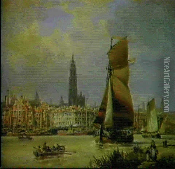 A View Of Dieppe Harbour Oil Painting - Charles Euphrasie Kuwasseg
