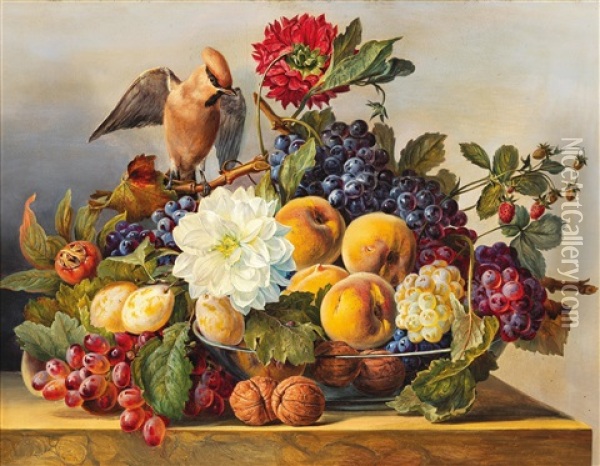 Still Life With Bowl Of Fruit And Nuts Oil Painting - Franz Xaver Gruber