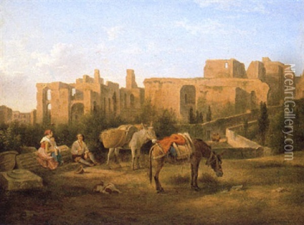 Figures Resting Before Ruins Oil Painting - Abraham (Alexandre) Teerlink