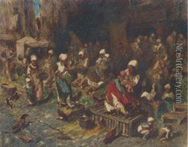 Women And Children At The Hen Market Oil Painting - Louis Adolphe Hervier