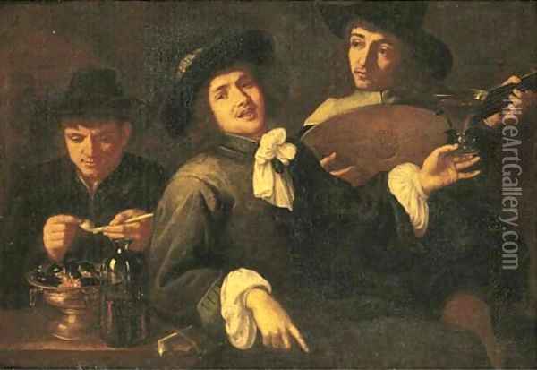 The Five Senses three men smoking, drinking and making music Oil Painting - Jacob van, the Elder Oost