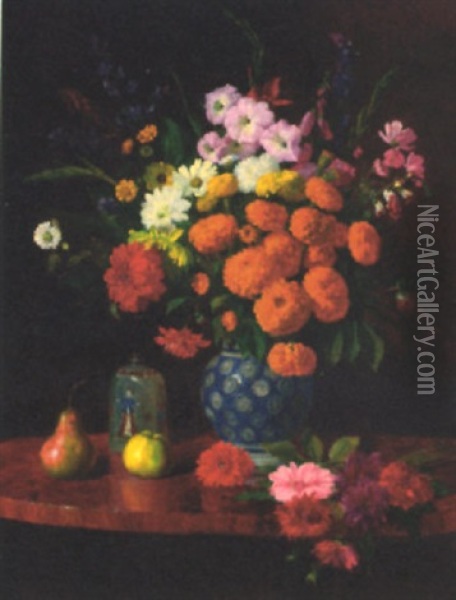 Marigolds And Dahlias With Other Summer Flowers On A Table Oil Painting - Eugen Schroth