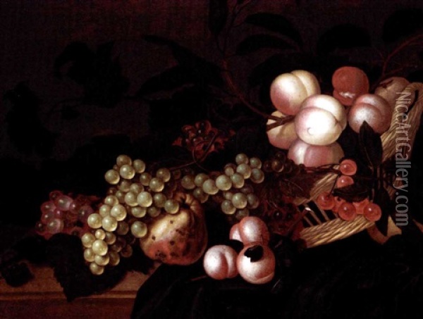 A Still Life Of Peaches, Cherries, Grapes And Apples In A Basket, All Resting On A Partially Draped Ledge Oil Painting - Bartholomeus Assteyn