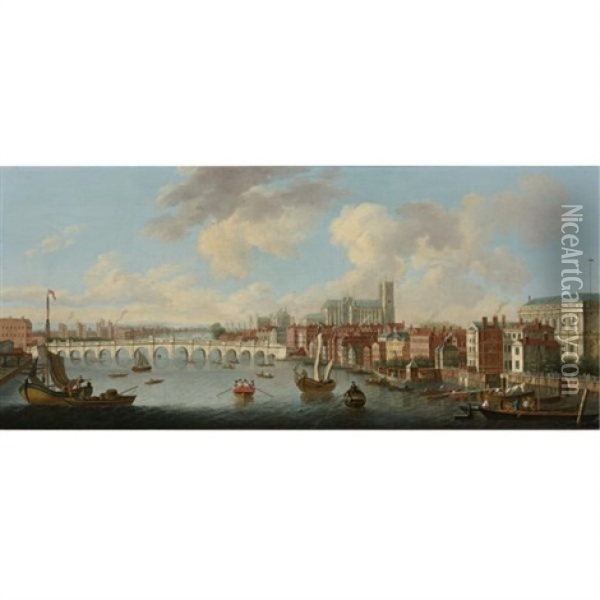 View Of The Thames And Old Westminster Bridge Looking Towards Westminster Abbey Oil Painting - Joseph Nichols