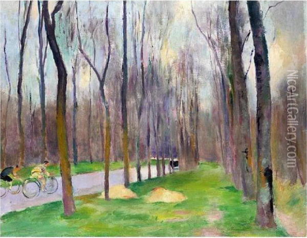 Les Bicyclistes A Fontainbleau Oil Painting - Henri Ottmann