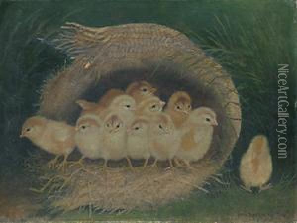 Chicks In A Straw Hat Oil Painting - Ben Austrian