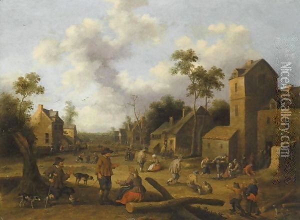 A Village Scene With Peasants Conversing In The Foreground Oil Painting - Joost Cornelisz. Droochsloot