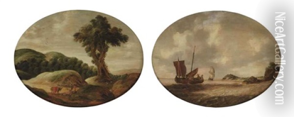 A Hilly Landscape With Travelers Resting On A Track (+ A Coastal Landscape With A Small Ship And A Man-o-war On Choppy Waters; Pair) Oil Painting - Gillis (Egidius I) Peeters