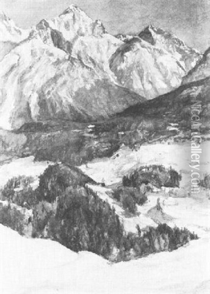 A Mountainous Winter Landscape Oil Painting - Jakob Nussbaum