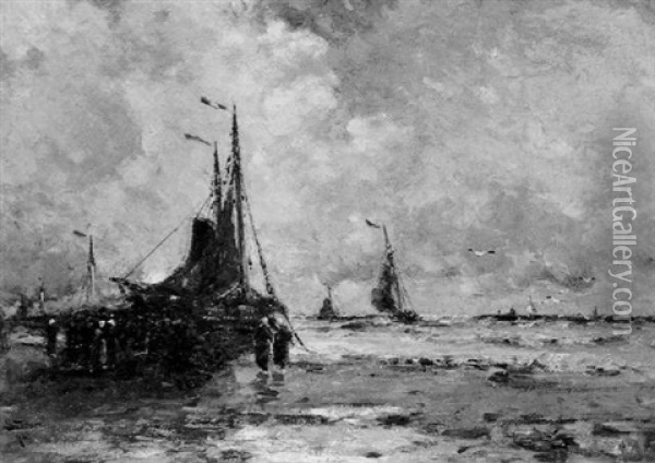Hollandische Fischerboote Am Strand Oil Painting - George Elbert Burr