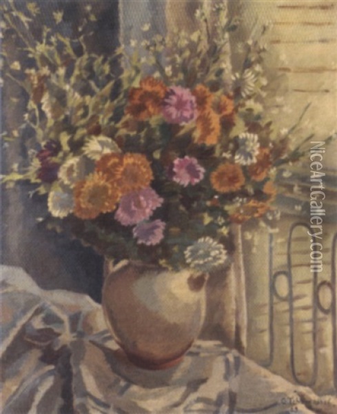Vase Of Flowers By A Balcony Oil Painting - Georges Cherkesov