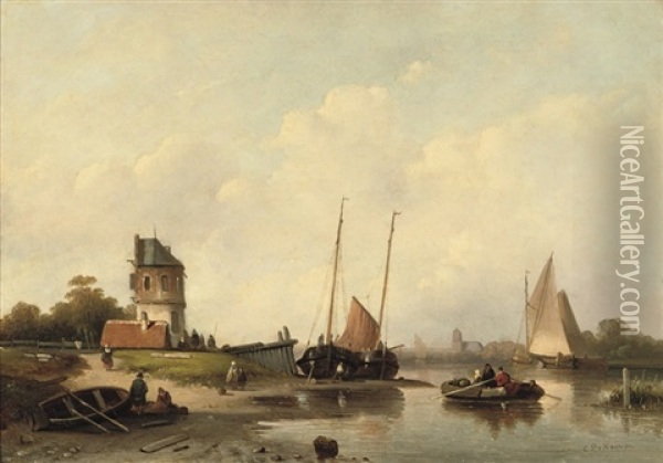 A Summer's Day On A Riverbank Oil Painting - Cornelis Petrus T' Hoen