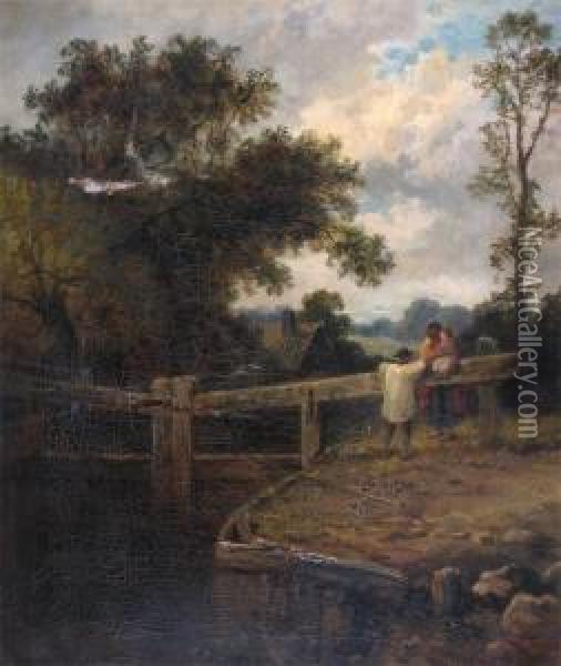Figures By A Lock Oil Painting - Leopold Rivers