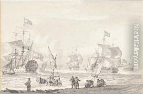 Coastal Landscape With Shipping And Men Loading Barrels Oil Painting - Cornelius van Noorde