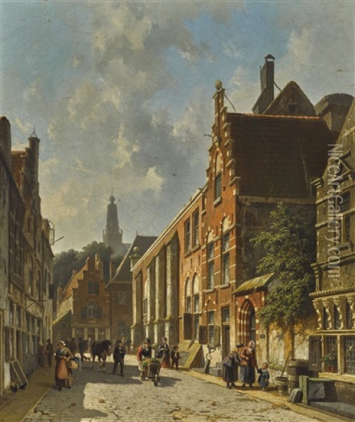 A Busy Street In Summer Oil Painting - Adrianus Eversen