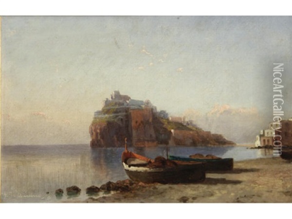 A View Of The Island Of Ischia With Beached Fishing Boats In The Foreground Oil Painting - Eduardo Federico de Martino