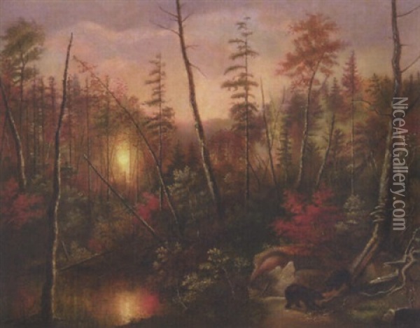 Bears In The Woods Oil Painting - Cornelius David Krieghoff
