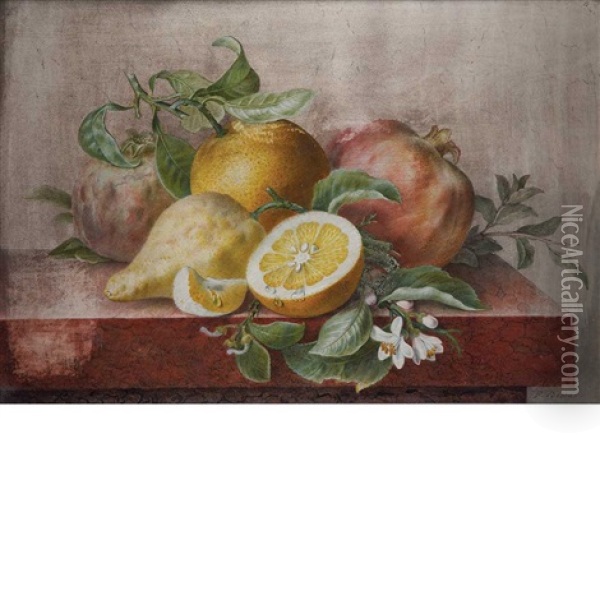 Still Life With Oranges, Pomegranates, Leaves, A Sprig Of Mint And Orange Flowers Oil Painting - Pancrace Bessa