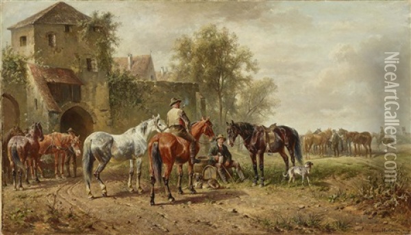 Horse Fair In Front Of The City Oil Painting - Ludwig Hartmann