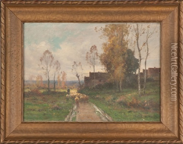 Landscape, Path With Sheep Oil Painting - Adolphe Morin