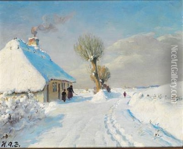 Sunny Winter Day With Mother And Child In Front Of A Cottage Oil Painting - Hans Andersen Brendekilde