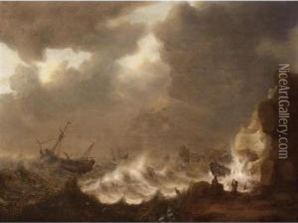 Shipwreck In Stormy Seas Near A Rocky Coast, With Two Other Merchantmen In The Background Oil Painting - Hendrick Staets