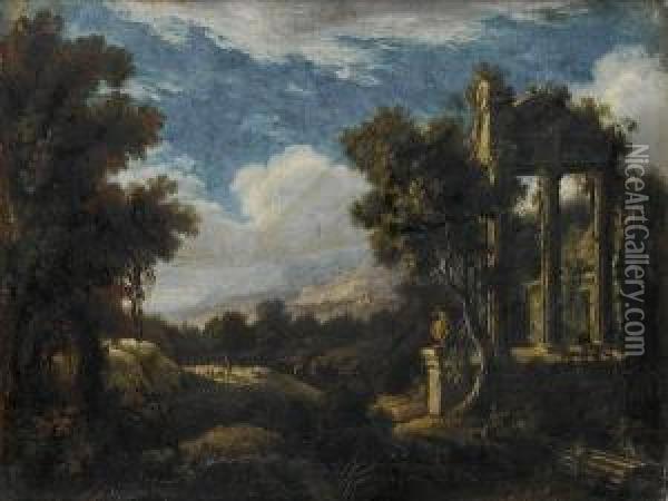 A Wooded Landscape With Figures Before Ruins Oil Painting - Pierre-Antoine Patel