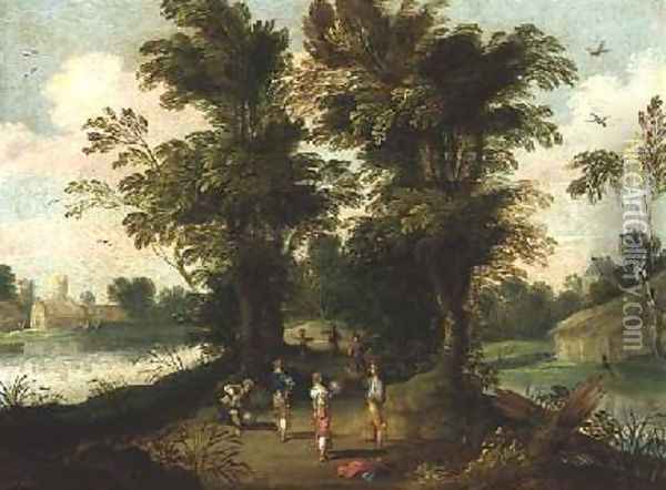 Young men playing a ball game while one blows up a bladder Oil Painting - Jasper van der Lamen