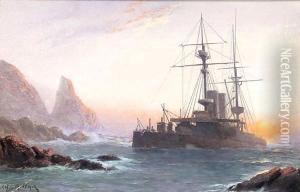 HMS Montague ashore on lundy island Oil Painting - James Millar