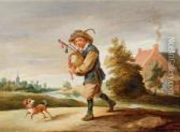 Un Suonatore Di Cornamusa Con Il Suo Cane In Un Paesaggio Oil Painting - Abraham Teniers
