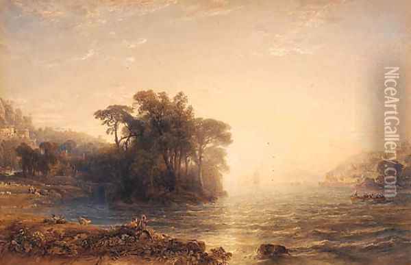 The ferry boat, possibly Dartmouth Cove Oil Painting - Anthony Vandyke Copley Fielding