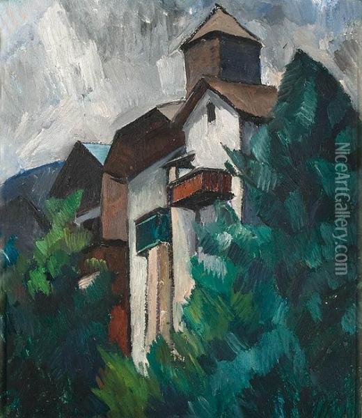 Hauser Im Gebirge Mit Turm Oil Painting - Alexander Kanoldt