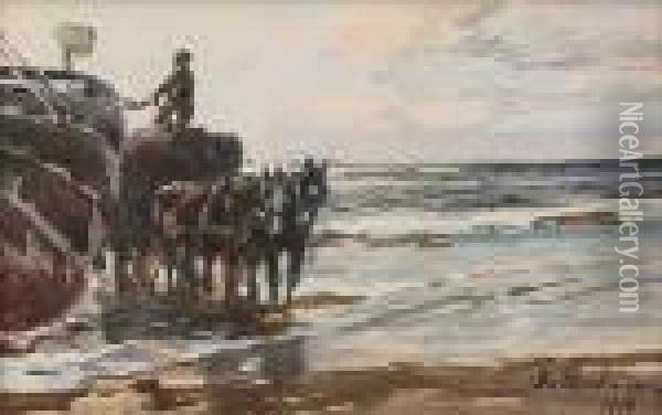 Strand Mit Pferdefuhrwerk Neben Fischerboot Oil Painting - Gregor Von Bochmann
