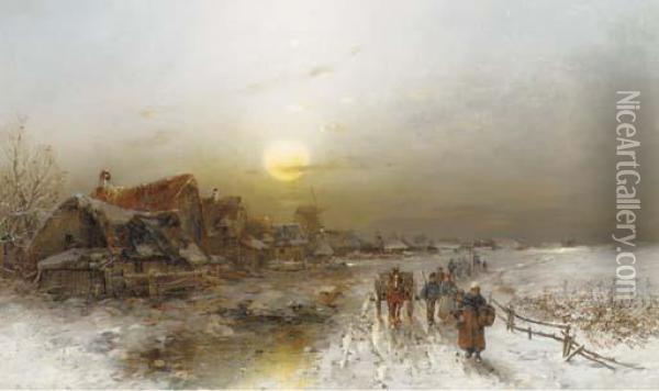 Dorf Im Winter Bei Morgendammerung Oil Painting - Desire Tomassin