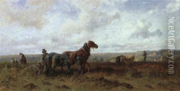 Bauern Beim Pflugen Mit Pferde- Und Ochsengespann Oil Painting - Ludwig Hartmann