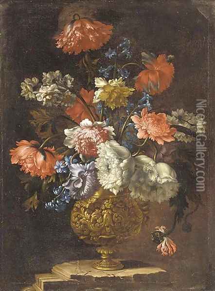 Carnations, narcissi, morning glory and peonies in a gilt vase on a ledge Oil Painting - Jean-Baptiste Monnoyer