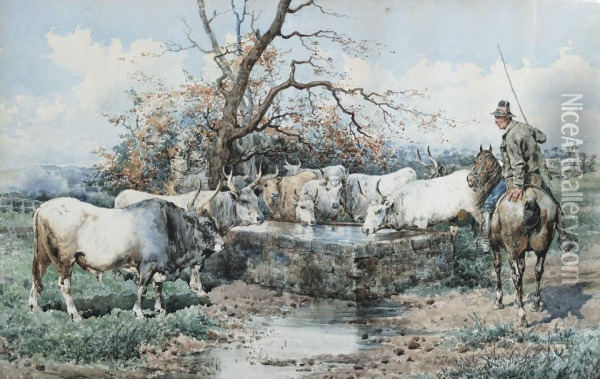 Farmer Watering The Herd Oil Painting - Giuseppe Gabani
